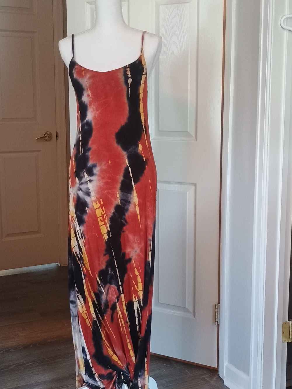 Tie-Dye Slip Maxi Dress in Red, Black & Yellow